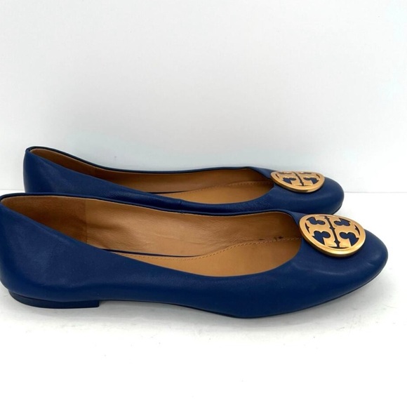 Tory Burch Women’s Benton blue leather ballet flats oversized golden logo - Picture 5 of 8